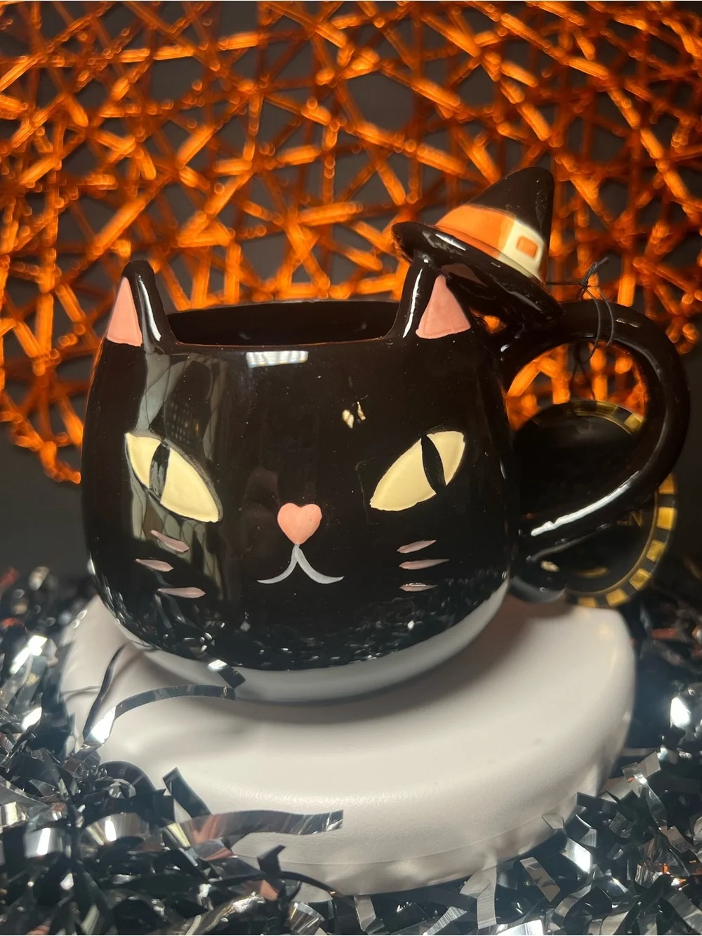 Halloween Black Cat Shaped Ceramic Mug with Witch Hat Handle Kitty Kitten